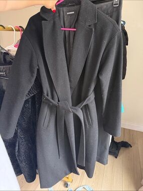 Express Black Belted Wool-Blend Wrap Coat